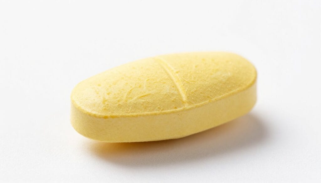 Macro photography of a yellow almond-shaped pill, professional lighting, isolated on white background. Macro photography of a yellow almond-shaped pill, professional lighting, isolated on white background.