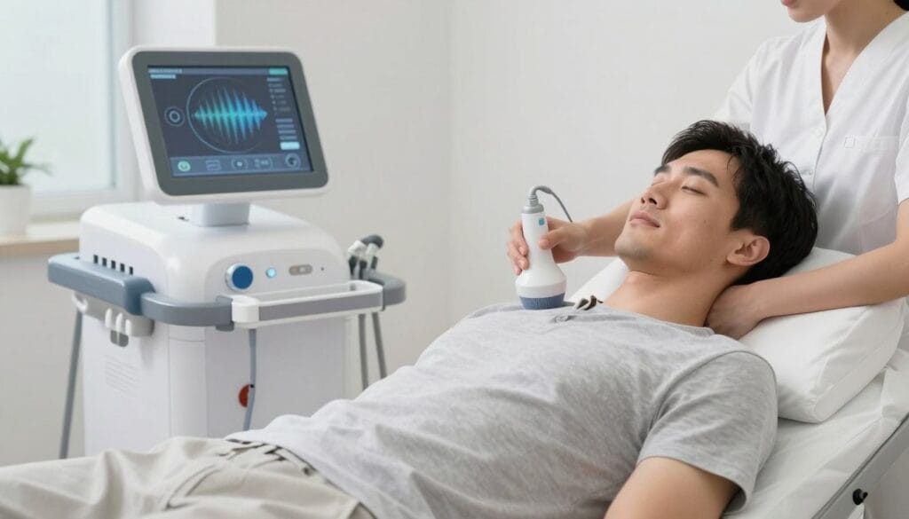 Modern acoustic wave therapy device being used in a clinical setting for male health, non-invasive technology aesthetic.