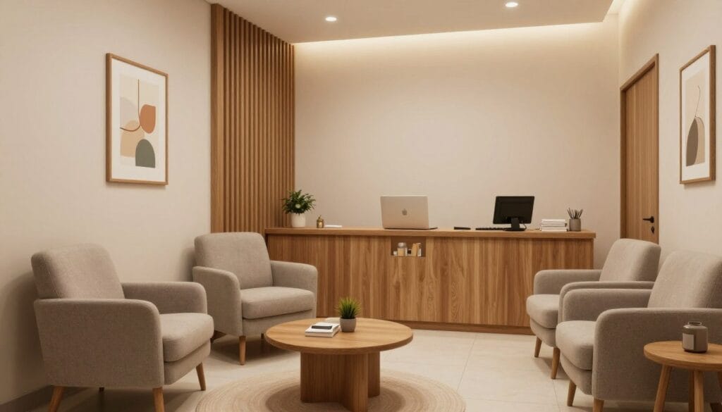 Modern and cozy interior of a private medical clinic office in Brazil, wooden accents, comfortable chairs for consultation, soft lighting, professional and welcoming feel. Modern and cozy interior of a private medical clinic office in Brazil, wooden accents, comfortable chairs for consultation, soft lighting, professional and welcoming feel.