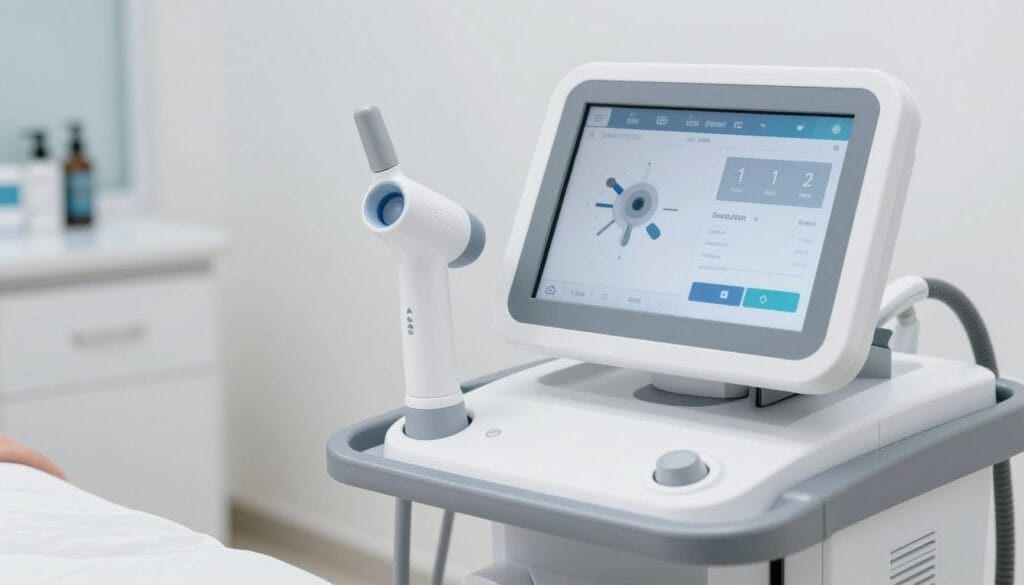 Modern medical device for shockwave therapy in a urology clinic, high-tech interface, focused on the treatment wand, bright and clean medical setting. Modern medical device for shockwave therapy in a urology clinic, high-tech interface, focused on the treatment wand, bright and clean medical setting.