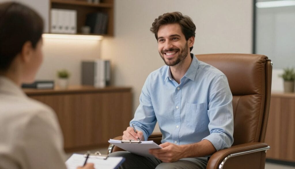 Photo of a friendly male psychologist in a modern clinic office, sitting on a leather chair, holding a notepad, warm lighting, professional atmosphere, 4k. Photo of a friendly male psychologist in a modern clinic office, sitting on a leather chair, holding a notepad, warm lighting, professional atmosphere, 4k.