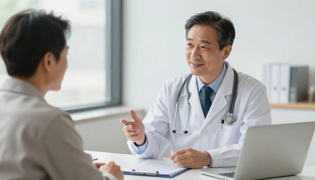 Photography of a professional medical consultation, a doctor explaining a treatment plan to a middle-aged man, friendly and supportive environment, soft daylight, high resolution. Photography of a professional medical consultation, a doctor explaining a treatment plan to a middle-aged man, friendly and supportive environment, soft daylight, high resolution.
