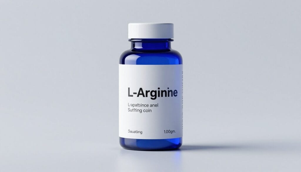 Professional studio shot of a supplement bottle labeled L-Arginine, surrounded by blue light accents, clean background. Professional studio shot of a supplement bottle labeled L-Arginine, surrounded by blue light accents, clean background.