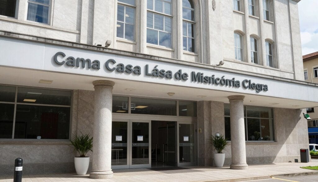 Realistic high-quality photo of the modern entrance of Santa Casa de Misericórdia de Porto Alegre, Hospital Santa Clara, daylight, professional atmosphere, architectural detail. Realistic high-quality photo of the modern entrance of Santa Casa de Misericórdia de Porto Alegre, Hospital Santa Clara, daylight, professional atmosphere, architectural detail.