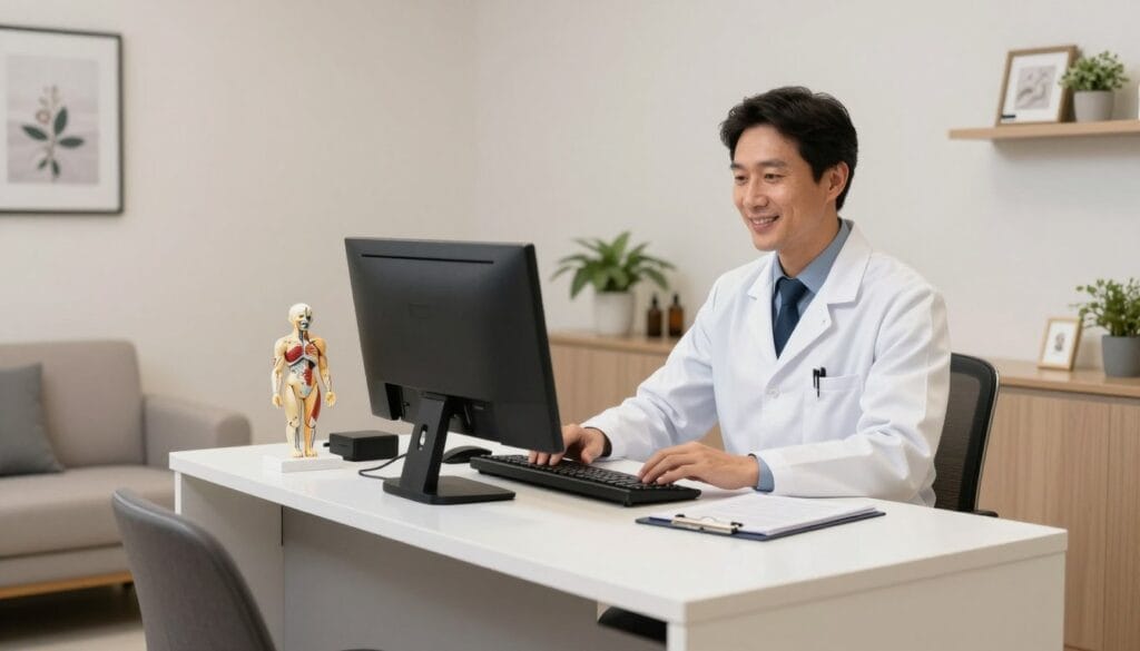 Realistic high-quality photograph of a modern medical office in Brazil, a professional and welcoming doctor's consultation room, soft lighting, focus on a consultation desk with a computer and anatomical models, bright and clean aesthetic. Realistic high-quality photograph of a modern medical office in Brazil, a professional and welcoming doctor's consultation room, soft lighting, focus on a consultation desk with a computer and anatomical models, bright and clean aesthetic.