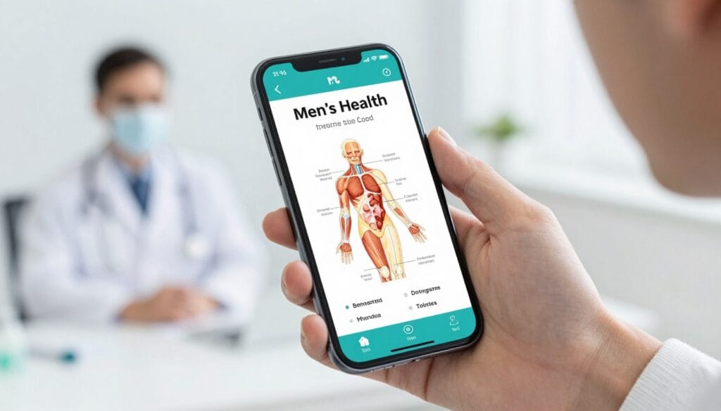 Realistic image of a hand holding a modern smartphone displaying a medical educational app for men's sexual health, clean interface with anatomical diagrams, bright and professional atmosphere. Realistic image of a hand holding a modern smartphone displaying a medical educational app for men's sexual health, clean interface with anatomical diagrams, bright and professional atmosphere.