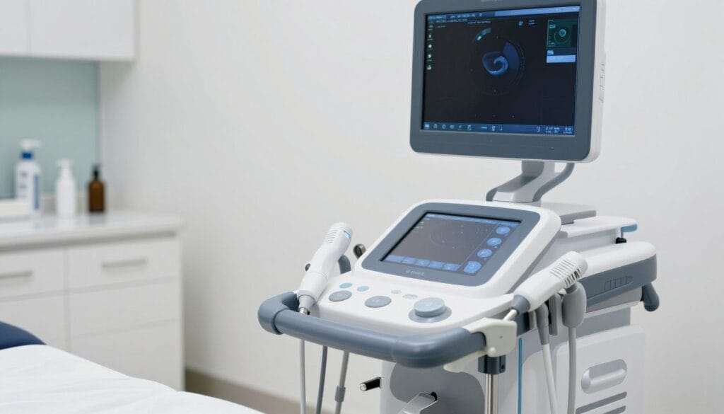 Realistic image of a modern medical device for shockwave therapy in a bright, professional clinic setting, highlighting a high-tech ultrasound-like applicator. Realistic image of a modern medical device for shockwave therapy in a bright, professional clinic setting, highlighting a high-tech ultrasound-like applicator.