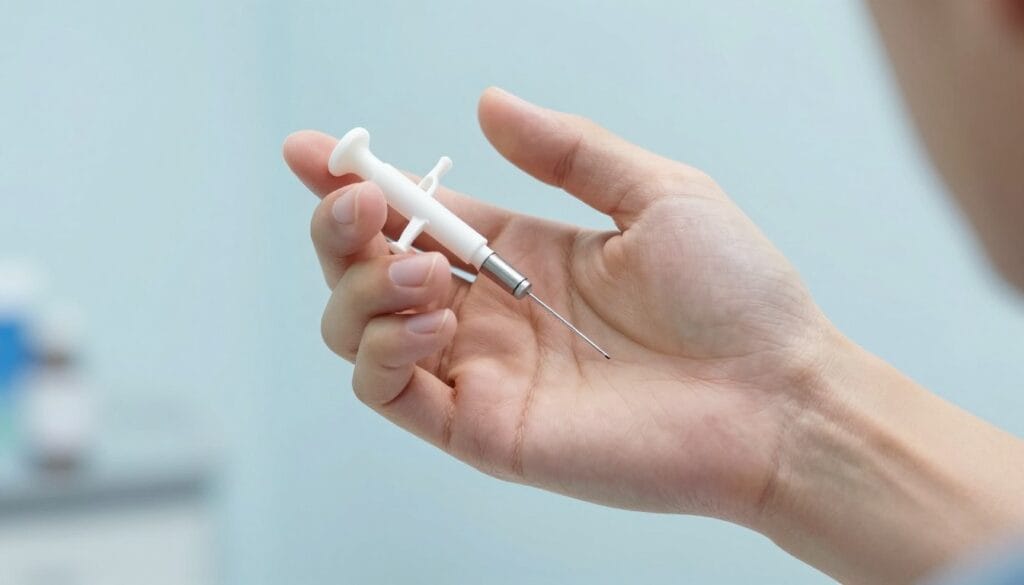 Realistic medical illustration of a patient's hand holding a small, fine-needle applicator for intracavernosal therapy, clean clinical background, soft blue lighting, professional atmosphere. Realistic medical illustration of a patient's hand holding a small, fine-needle applicator for intracavernosal therapy, clean clinical background, soft blue lighting, professional atmosphere.
