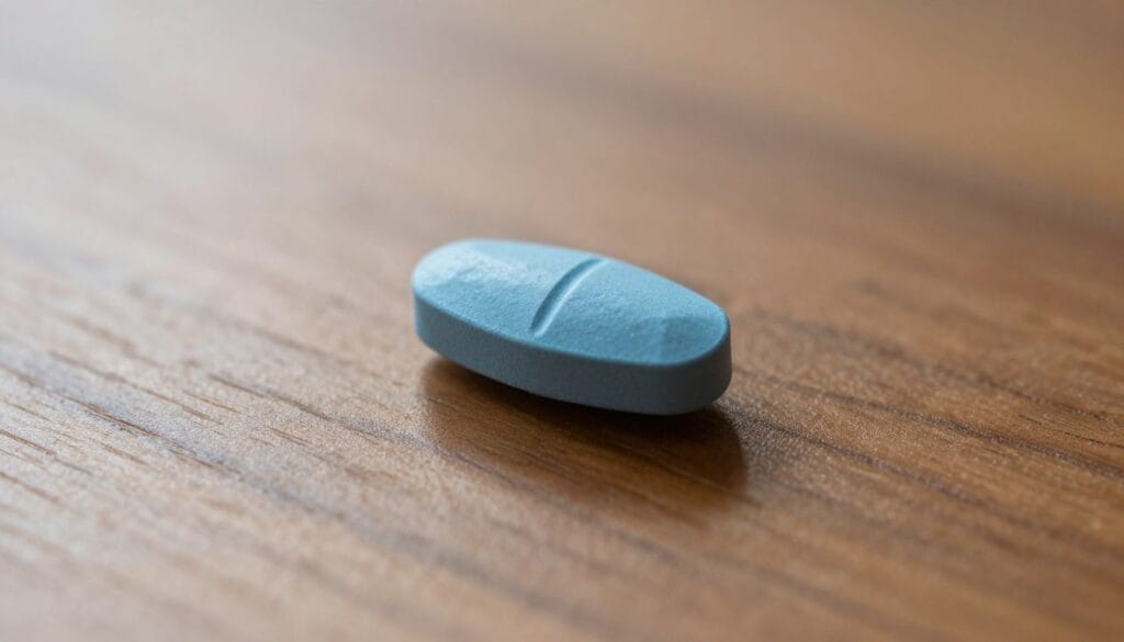 Realistic photo of a single blue diamond-shaped pill on a clean wooden surface, soft natural lighting, high resolution 4k. Realistic photo of a single blue diamond-shaped pill on a clean wooden surface, soft natural lighting, high resolution 4k.