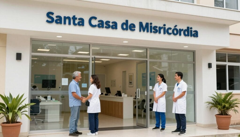 Realistic photo of the modern medical entrance of Santa Casa de Misericórdia de Porto Alegre, emphasizing professional and welcoming environment for male health services. Realistic photo of the modern medical entrance of Santa Casa de Misericórdia de Porto Alegre, emphasizing professional and welcoming environment for male health services.