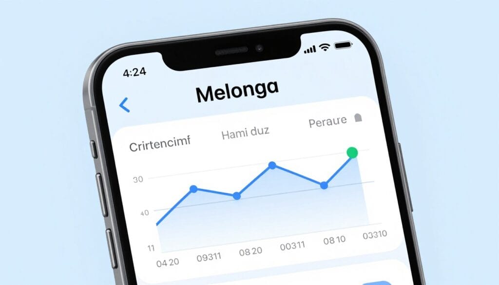 Smartphone screen displaying the Melonga app interface with progress charts and a minimalist health design, soft blue and white colors, high resolution, professional medical aesthetic. Smartphone screen displaying the Melonga app interface with progress charts and a minimalist health design, soft blue and white colors, high resolution, professional medical aesthetic.