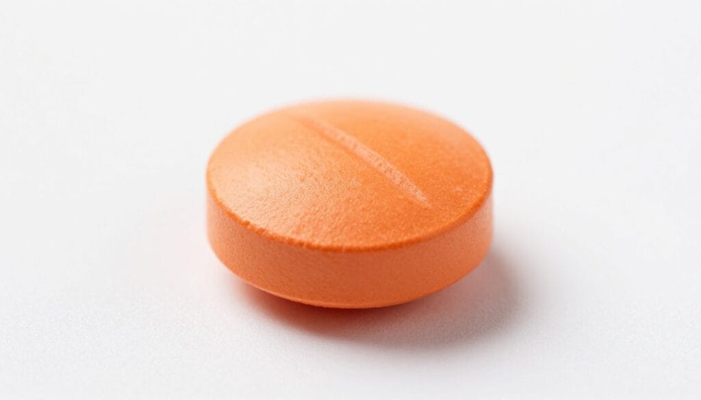 Studio shot of a round orange pill, clean aesthetic, pharmaceutical presentation, 8k resolution. Studio shot of a round orange pill, clean aesthetic, pharmaceutical presentation, 8k resolution.