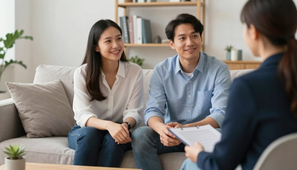 Um casal sentado confortavelmente em um sofá conversando de forma amigável com um terapeuta em um consultório acolhedor. Um casal sentado confortavelmente em um sofá conversando de forma amigável com um terapeuta em um consultório acolhedor.