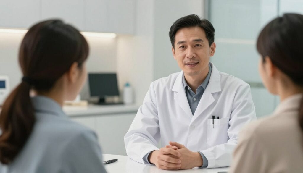 Um médico urologista acolhedor em seu consultório conversando com um paciente de forma profissional e respeitosa, ambiente de clínica moderna, iluminação suave, estilo fotográfico realístico. Um médico urologista acolhedor em seu consultório conversando com um paciente de forma profissional e respeitosa, ambiente de clínica moderna, iluminação suave, estilo fotográfico realístico.