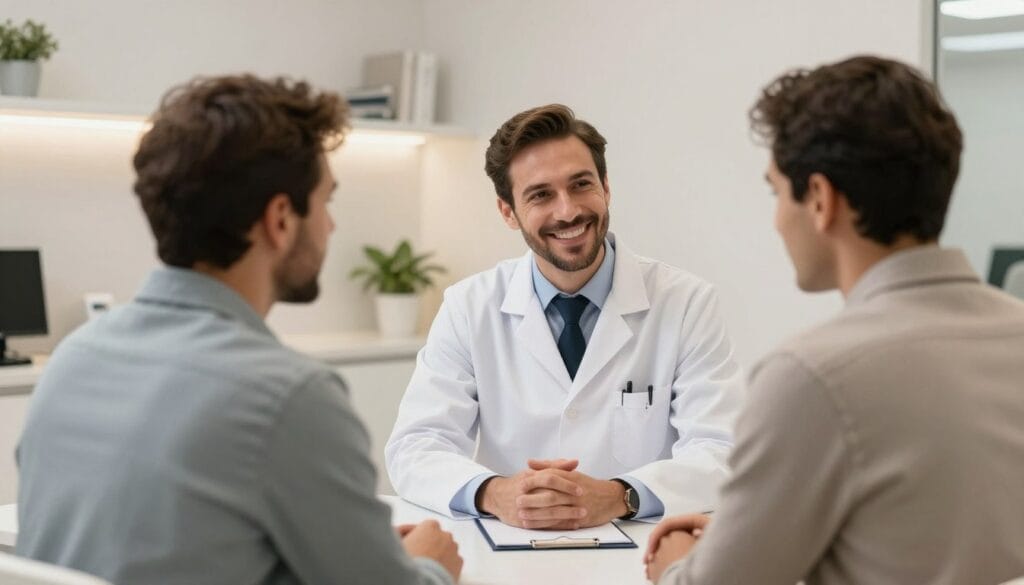 Uma clínica médica moderna e acolhedora no Brasil, com iluminação suave e decoração profissional, mostrando um médico urologista conversando de forma amigável e empática com um homem, transmitindo confiança, privacidade e profissionalismo. Uma clínica médica moderna e acolhedora no Brasil, com iluminação suave e decoração profissional, mostrando um médico urologista conversando de forma amigável e empática com um homem, transmitindo confiança, privacidade e profissionalismo.
