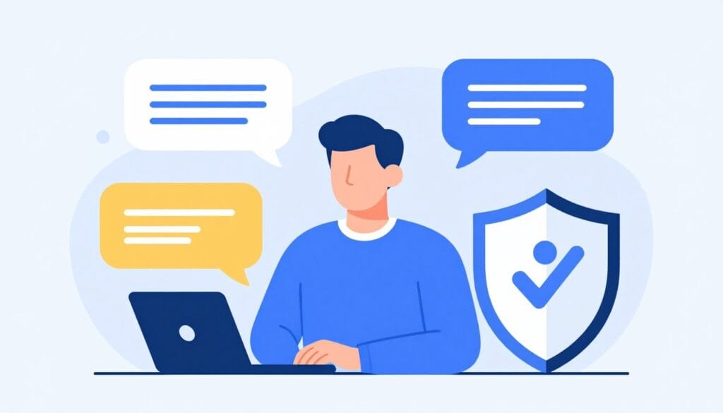 Uma ilustração digital amigável mostrando ícones de fala anônimos e um escudo de privacidade, representando uma comunidade online segura sobre saúde masculina, estilo flat design moderno.