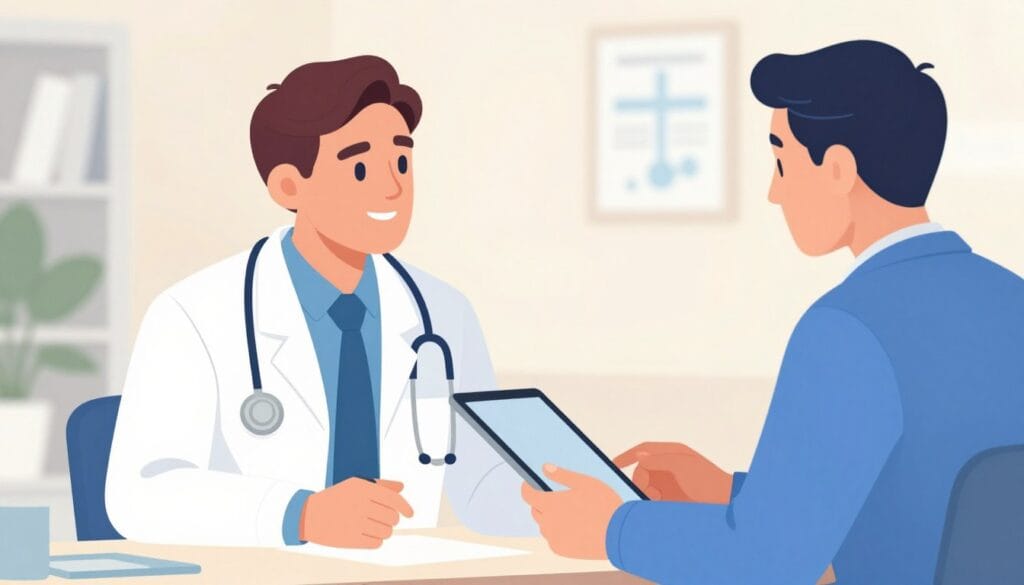 Uma ilustração digital em estilo médico moderno mostrando um homem conversando com um médico urologista através de um tablet, ambiente acolhedor e profissional, cores azul e branco, alta definição. Uma ilustração digital em estilo médico moderno mostrando um homem conversando com um médico urologista através de um tablet, ambiente acolhedor e profissional, cores azul e branco, alta definição.