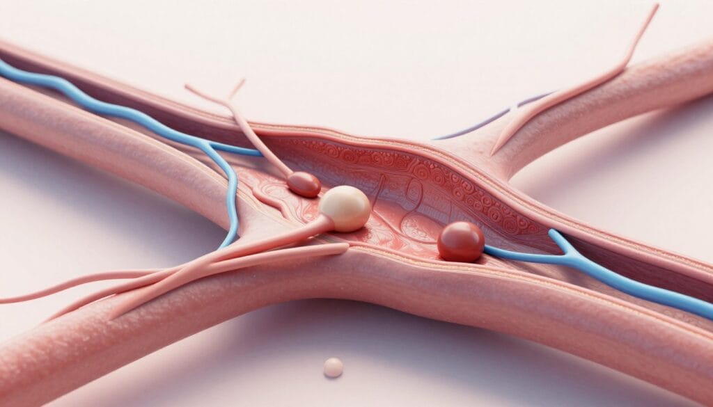 Uma ilustração médica em alta definição mostrando a regeneração de tecidos vasculares e nervosos, com cores suaves e estilo moderno e tecnológico. Uma ilustração médica em alta definição mostrando a regeneração de tecidos vasculares e nervosos, com cores suaves e estilo moderno e tecnológico.