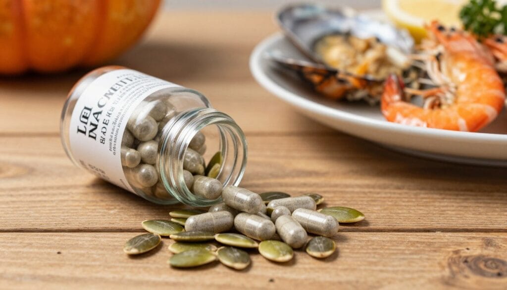 Zinc chelate capsules in a glass bottle on a wooden table surrounded by pumpkin seeds and seafood. Zinc chelate capsules in a glass bottle on a wooden table surrounded by pumpkin seeds and seafood.