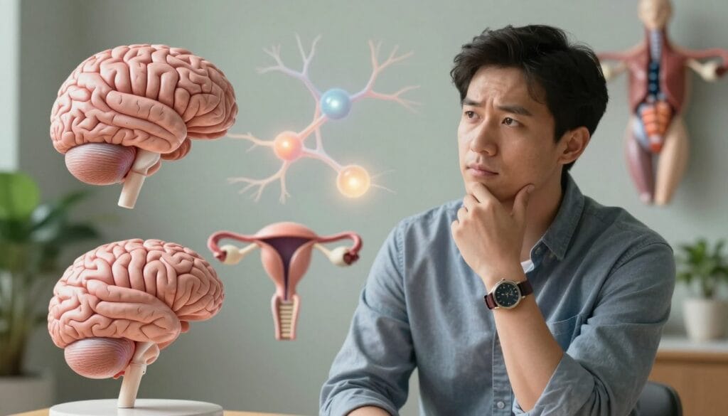 A conceptual illustration representing the biological factors of premature ejaculation. In the foreground, a thoughtful male figure dressed in business casual attire, looking contemplative, with anatomical models of a brain and male reproductive system positioned around him. In the middle ground, subtle visuals of interconnected neurons and hormonal structures, symbolizing the biological mechanisms at play, with soft glowing highlights to represent neurotransmitters. The background features a calm, serene environment with blurred greenery, creating a peaceful and focused atmosphere. Soft, natural lighting casts gentle shadows, and a slight depth of field focuses on the male figure while still revealing the biological elements, conveying a sense of inquiry and understanding.