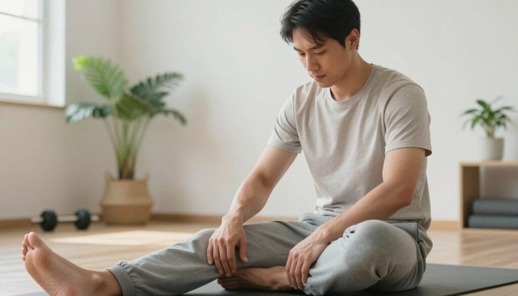 A focused male figure practicing the squeeze technique for ejaculatory control, depicted in a bright and airy room designed for wellness activities. The man, dressed in a plain, comfortable t-shirt and sweatpants, displays a look of concentration and calmness as he sits on an exercise mat. In the foreground, emphasize the man's hands gently pressing on his thighs, illustrating the technique. The middle ground should include soft, natural light filtering through large windows, creating a tranquil atmosphere. In the background, incorporate potted plants and simple exercise equipment, conveying a peaceful yet active environment. Aim for a clear and serene composition that emphasizes the importance of practice and control. A focused male figure practicing the squeeze technique for ejaculatory control, depicted in a bright and airy room designed for wellness activities. The man, dressed in a plain, comfortable t-shirt and sweatpants, displays a look of concentration and calmness as he sits on an exercise mat. In the foreground, emphasize the man's hands gently pressing on his thighs, illustrating the technique. The middle ground should include soft, natural light filtering through large windows, creating a tranquil atmosphere. In the background, incorporate potted plants and simple exercise equipment, conveying a peaceful yet active environment. Aim for a clear and serene composition that emphasizes the importance of practice and control.