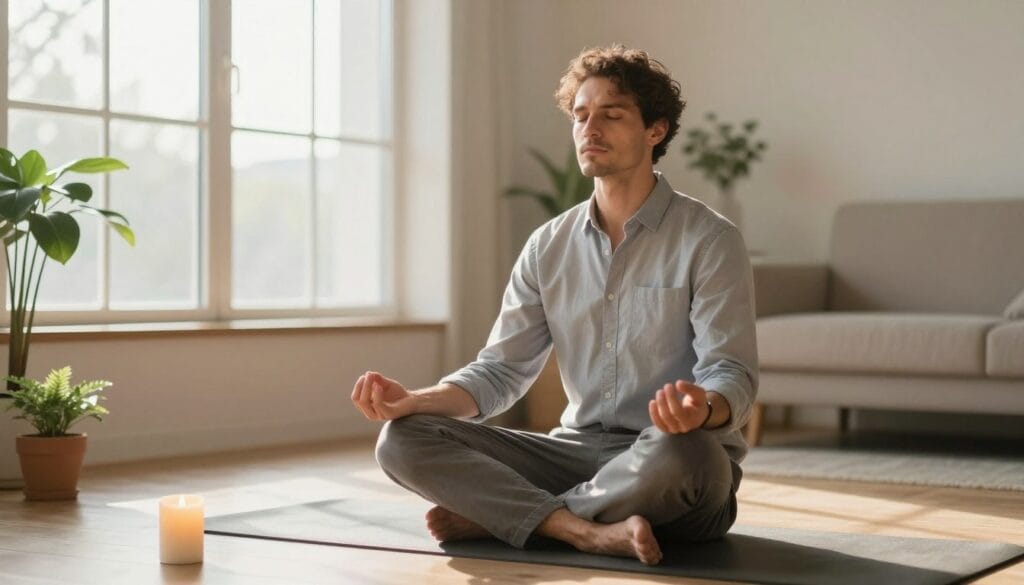 A man in business casual attire, sitting cross-legged on a yoga mat in a serene environment, practicing mindful breathing techniques to manage performance anxiety. His expression is calm and focused, reflecting inner peace. In the foreground, a softly lit candle and a small potted plant add a touch of nature. In the middle, the man is surrounded by gentle sunlight filtering through a large window, casting warm hues and creating a tranquil atmosphere. In the background, a minimalist indoor space decorated with soft colors and natural elements enhances the feeling of mindfulness. The overall mood is peaceful and introspective, emphasizing relaxation and self-control. The image should have soft lighting to evoke a sense of calm and focus, captured with a warm color palette. A man in business casual attire, sitting cross-legged on a yoga mat in a serene environment, practicing mindful breathing techniques to manage performance anxiety. His expression is calm and focused, reflecting inner peace. In the foreground, a softly lit candle and a small potted plant add a touch of nature. In the middle, the man is surrounded by gentle sunlight filtering through a large window, casting warm hues and creating a tranquil atmosphere. In the background, a minimalist indoor space decorated with soft colors and natural elements enhances the feeling of mindfulness. The overall mood is peaceful and introspective, emphasizing relaxation and self-control. The image should have soft lighting to evoke a sense of calm and focus, captured with a warm color palette.
