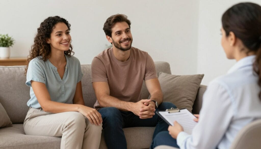 A professional and welcoming therapist's office in Brazil, where a supportive couple sits comfortably on a sofa, engaged in a positive conversation with a male psychologist, soft natural lighting, realistic photography, 4k.