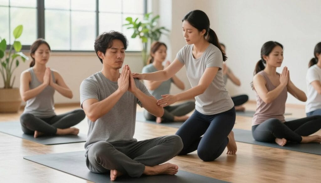 A serene and focused indoor exercise setting featuring a diverse group of individuals practicing Kegel exercises together on yoga mats. In the foreground, a male figure in professional casual attire demonstrates proper breathing techniques while seated in a meditative posture. In the middle ground, a female instructor guides participants through gentle pelvic floor exercises, her gestures clear and encouraging. The background features a calming environment with soft, natural light streaming through large windows, lush green plants enhancing the tranquil ambiance. The mood is supportive and educational, promoting a sense of comfort and empowerment. The scene captures the essence of wellness and self-improvement, emphasizing community and guidance in a respectful manner.