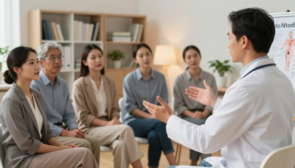 A serene and professional setting depicting a healthcare consultation focused on the topic of ejaculatory control methods. In the foreground, a well-dressed male doctor, wearing a crisp white coat, gestures meaningfully towards a presentation board outlining the compression technique, showcasing clear illustrations. In the middle, a mixed-gender audience, dressed in business casual attire, appears engaged as they listen attentively, with expressions of curiosity and understanding. The background features a softly lit medical office with neutral colors, shelves filled with medical books, and a calming plant arrangement. The mood is educational and supportive, emphasizing a safe and respectful environment for discussing sensitive health topics. The lighting is warm and natural, creating a welcoming atmosphere that encourages open conversation. The angle captures both the presenter and audience in a dynamic composition, making the viewer feel part of an informative session. A serene and professional setting depicting a healthcare consultation focused on the topic of ejaculatory control methods. In the foreground, a well-dressed male doctor, wearing a crisp white coat, gestures meaningfully towards a presentation board outlining the compression technique, showcasing clear illustrations. In the middle, a mixed-gender audience, dressed in business casual attire, appears engaged as they listen attentively, with expressions of curiosity and understanding. The background features a softly lit medical office with neutral colors, shelves filled with medical books, and a calming plant arrangement. The mood is educational and supportive, emphasizing a safe and respectful environment for discussing sensitive health topics. The lighting is warm and natural, creating a welcoming atmosphere that encourages open conversation. The angle captures both the presenter and audience in a dynamic composition, making the viewer feel part of an informative session.