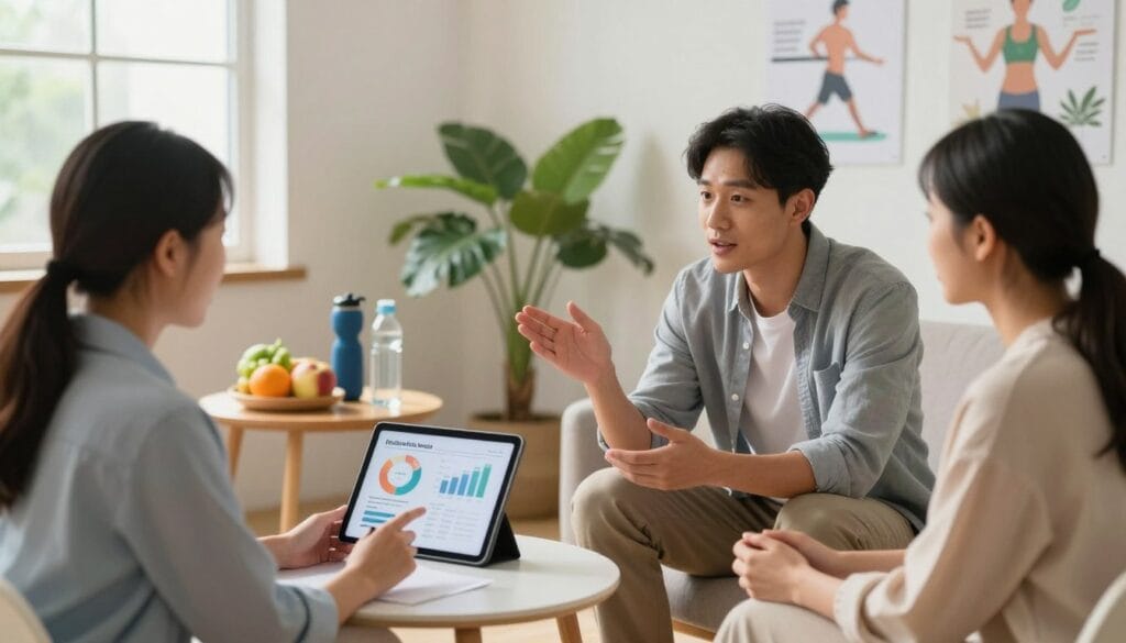 A serene, well-lit consultation room with a focus on healthy living. In the foreground, a diverse group of three professionals dressed in smart casual attire are engaged in discussion, using a tablet to show graphs related to healthy habits and their positive impact on life. One person appears to be explaining, gesturing towards the screen with enthusiasm. In the middle ground, a small table with fruits, a water bottle, and fitness equipment, symbolizing healthy lifestyle choices. The background contains calming green plants and motivational posters about wellness and personal growth. Soft, natural light streams in from a window, creating a warm and inviting atmosphere. The overall mood is positive and professional, promoting the concept of healthy living as a path to better control and well-being. A serene, well-lit consultation room with a focus on healthy living. In the foreground, a diverse group of three professionals dressed in smart casual attire are engaged in discussion, using a tablet to show graphs related to healthy habits and their positive impact on life. One person appears to be explaining, gesturing towards the screen with enthusiasm. In the middle ground, a small table with fruits, a water bottle, and fitness equipment, symbolizing healthy lifestyle choices. The background contains calming green plants and motivational posters about wellness and personal growth. Soft, natural light streams in from a window, creating a warm and inviting atmosphere. The overall mood is positive and professional, promoting the concept of healthy living as a path to better control and well-being.