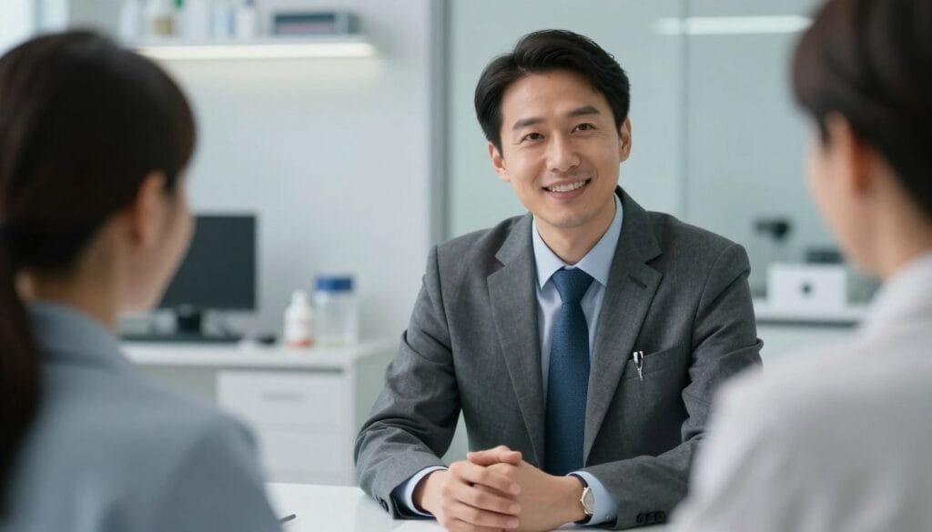 Realistic portrait of a professional urologist in a modern medical office, friendly expression, inviting a patient for a consultation, cinematic lighting, 4k resolution, professional atmosphere.