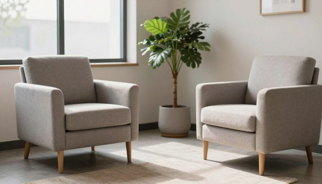 Uma foto realista de um consultório de psicologia moderno e acolhedor, com luz natural suave, duas poltronas confortáveis e uma planta decorativa ao fundo, transmitindo paz e profissionalismo. Uma foto realista de um consultório de psicologia moderno e acolhedor, com luz natural suave, duas poltronas confortáveis e uma planta decorativa ao fundo, transmitindo paz e profissionalismo.