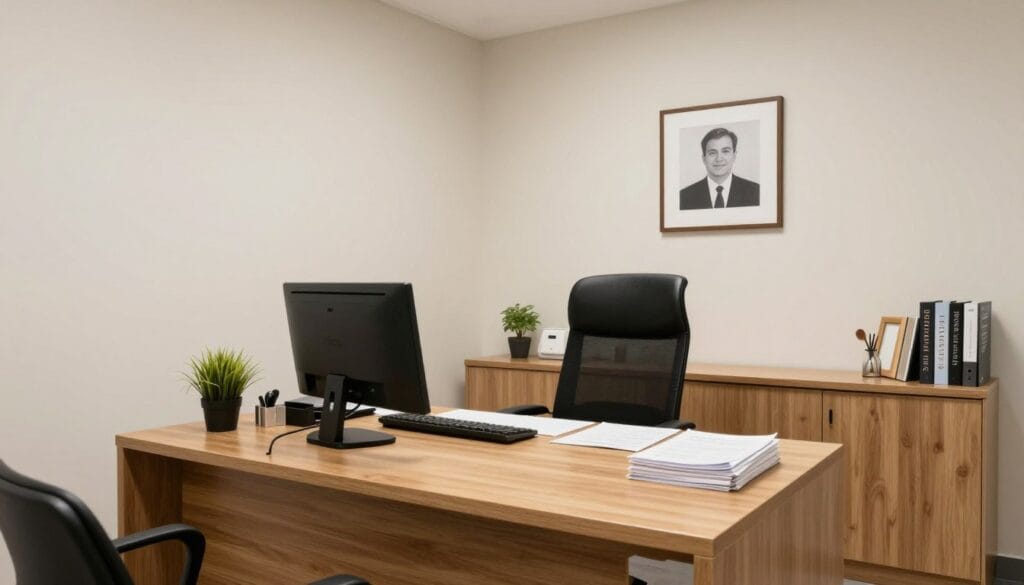 Uma fotografia realista de alta qualidade de um consultório médico moderno e acolhedor, com iluminação suave, uma mesa de madeira organizada e um ambiente que transmite confiança e privacidade. Uma fotografia realista de alta qualidade de um consultório médico moderno e acolhedor, com iluminação suave, uma mesa de madeira organizada e um ambiente que transmite confiança e privacidade.
