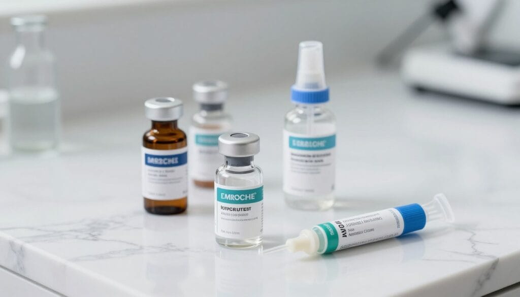 Uma imagem realista e profissional mostrando frascos de medicamentos modernos e tubos de pomadas dermatológicas sobre uma superfície de mármore limpa, iluminação suave de clínica urológica.